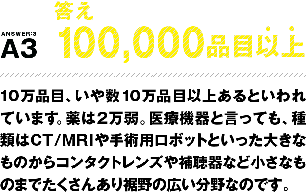 答え 100,000品目以上 10万品目、いや数10万品目以上あるといわれています。薬は2万弱。医療機器と言っても、種類はCT/MRIや手術用ロボットといった大きなものからコンタクトレンズや補聴器など小さなものまでたくさんあり裾野の広い分野なのです。